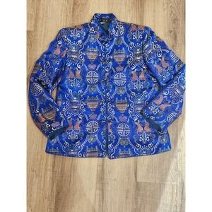 RJ 100% Silk Chinese Brocade Jacket Blue Frog Closure Mandarin Collar L